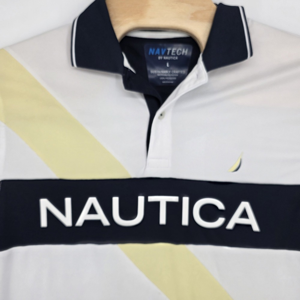 NAVTECH by Nautica Polo Men Large Golf Shirt Logo Short Sleeve White Yellow Navy